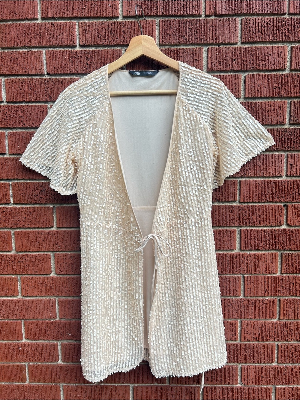 Zara Cream Sequin Tie-Front Kimono Cover-Up Cardigan Size S